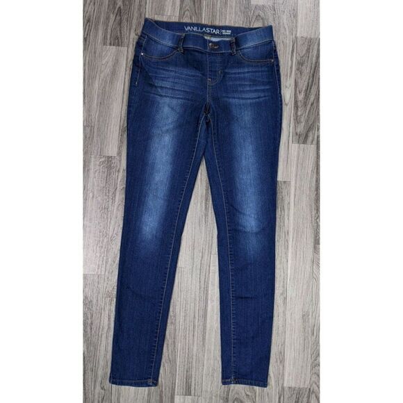 (3/$35) Vanilla Star Size 5 Mid Rise Skinny Pull On Whiskered Denim Blue Jeans - Picture 1 of 11